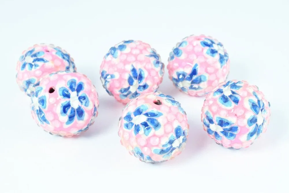 10 PCs 22mm  Pink Flower Textured Resin Wooden Round Beads, Wooden beads, Wholesale Bead, Basketball Wives Bead,Rhinestone Beads,Resin beads