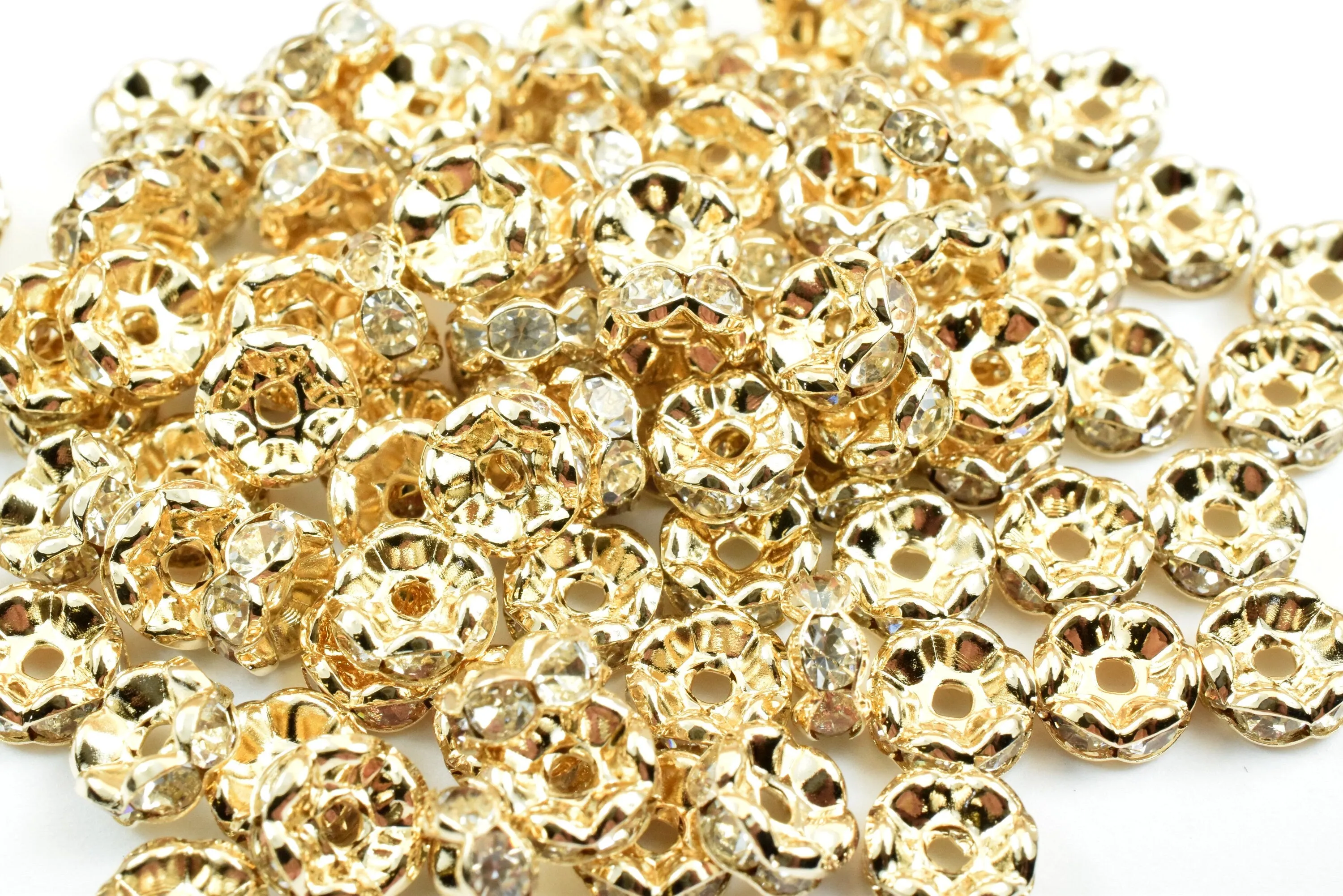 10.5mm Roundel Gold Plated Pave Beads with Clear Rhinestones,Rhinestone Spacers,Scalloped WAVY EDGE Basketball Wives