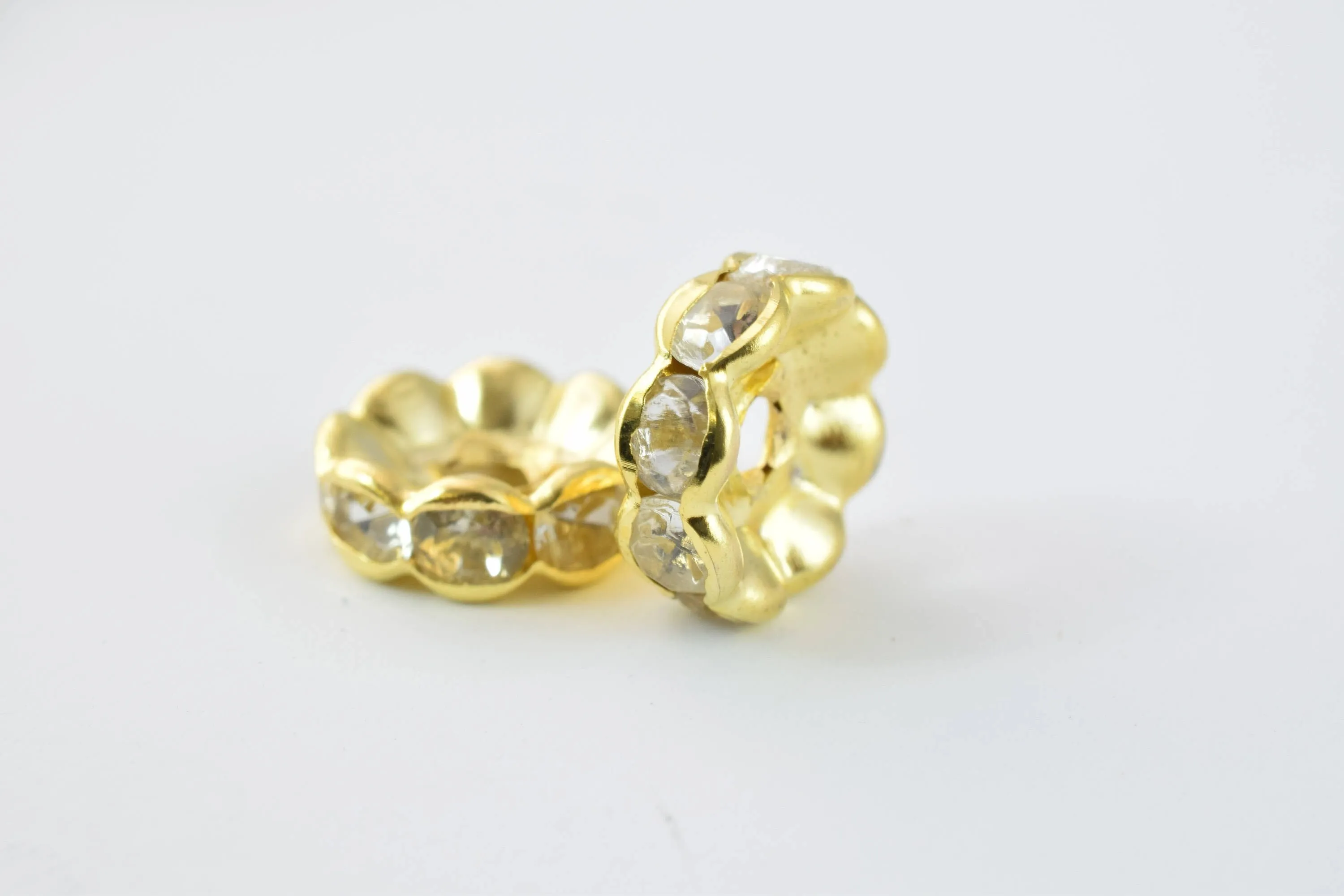 10.5mm Roundel Gold Plated Pave Beads with Clear Rhinestones,Rhinestone Spacers,Scalloped WAVY EDGE Basketball Wives