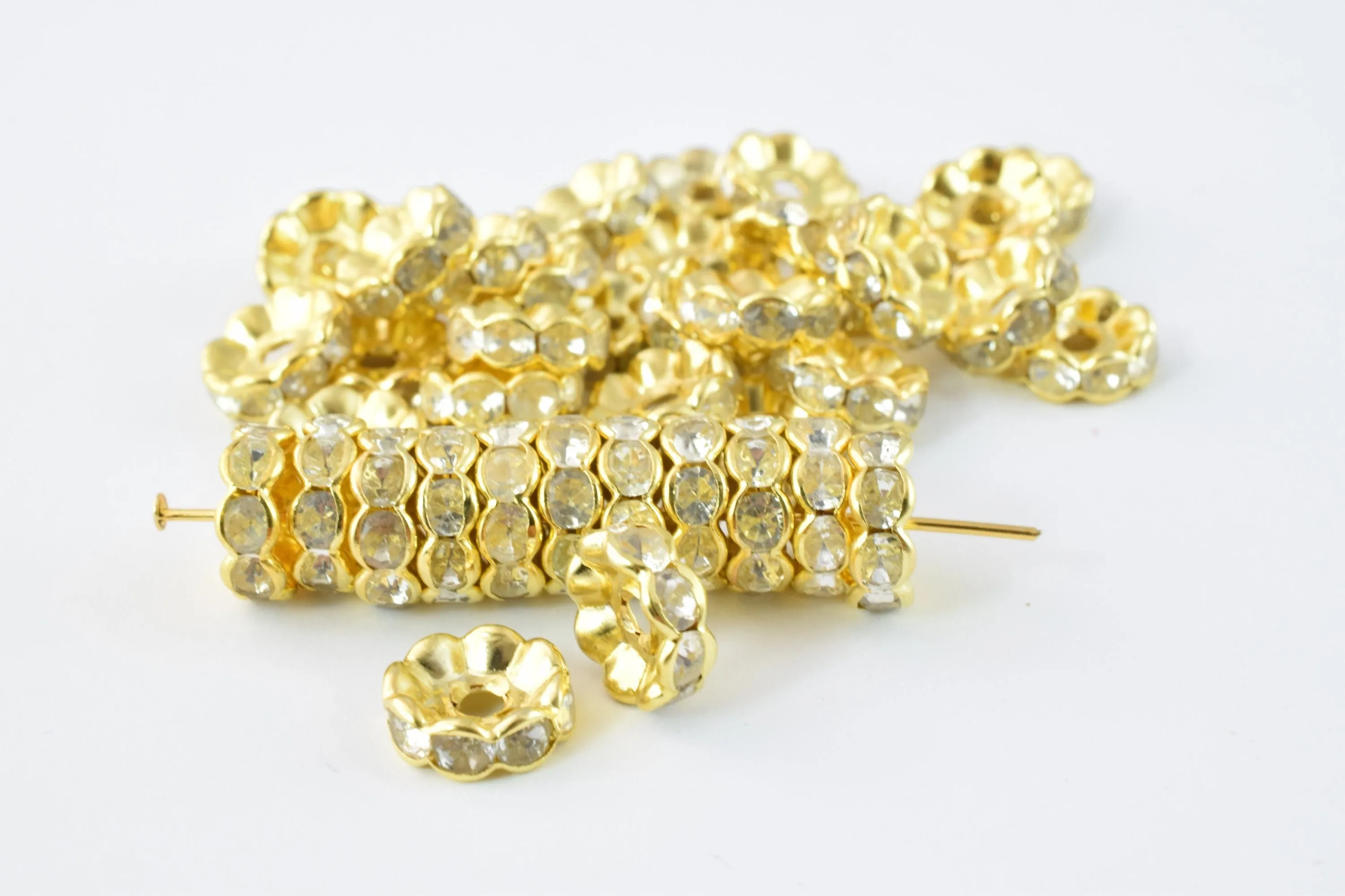 10.5mm Roundel Gold Plated Pave Beads with Clear Rhinestones,Rhinestone Spacers,Scalloped WAVY EDGE Basketball Wives