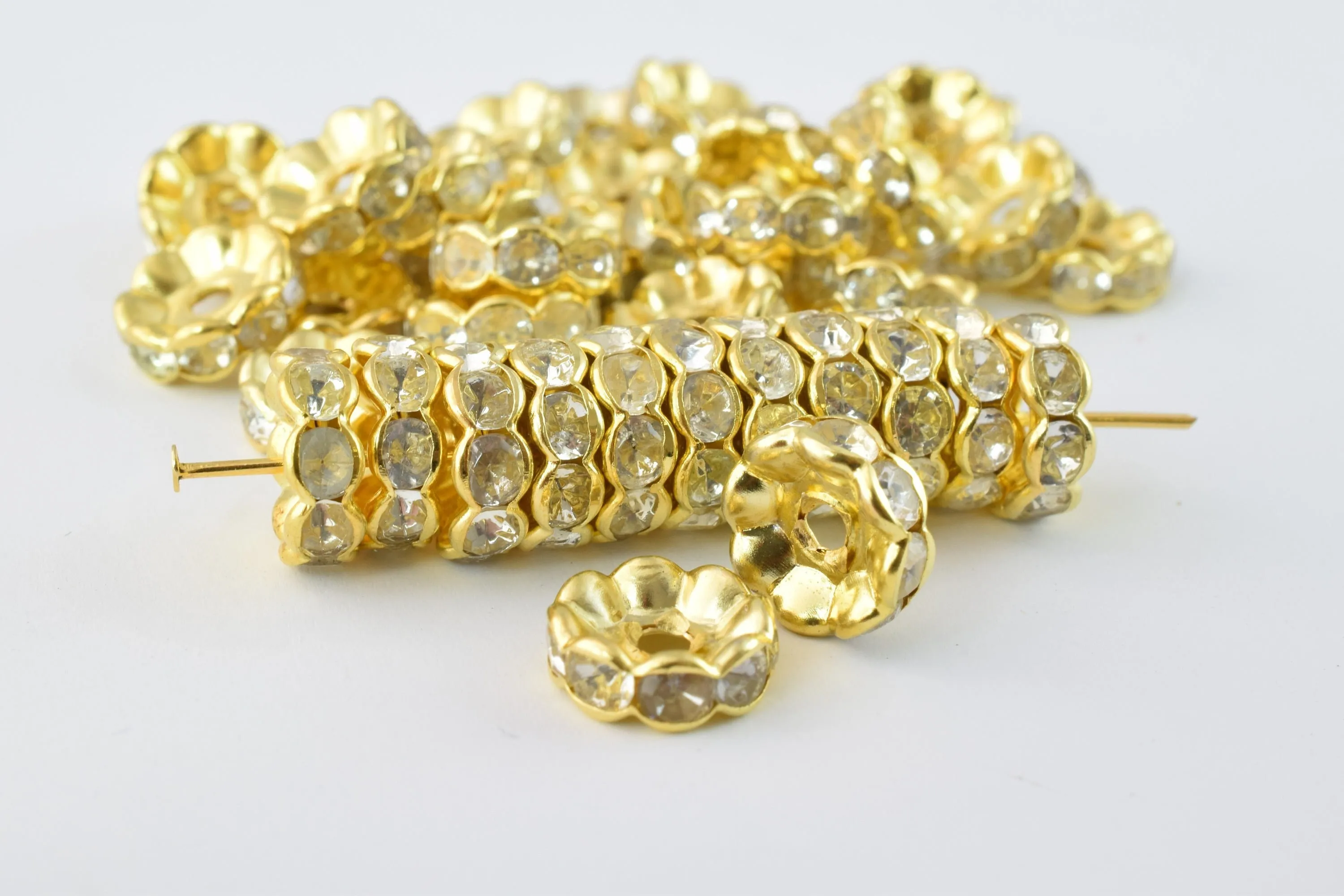 10.5mm Roundel Gold Plated Pave Beads with Clear Rhinestones,Rhinestone Spacers,Scalloped WAVY EDGE Basketball Wives