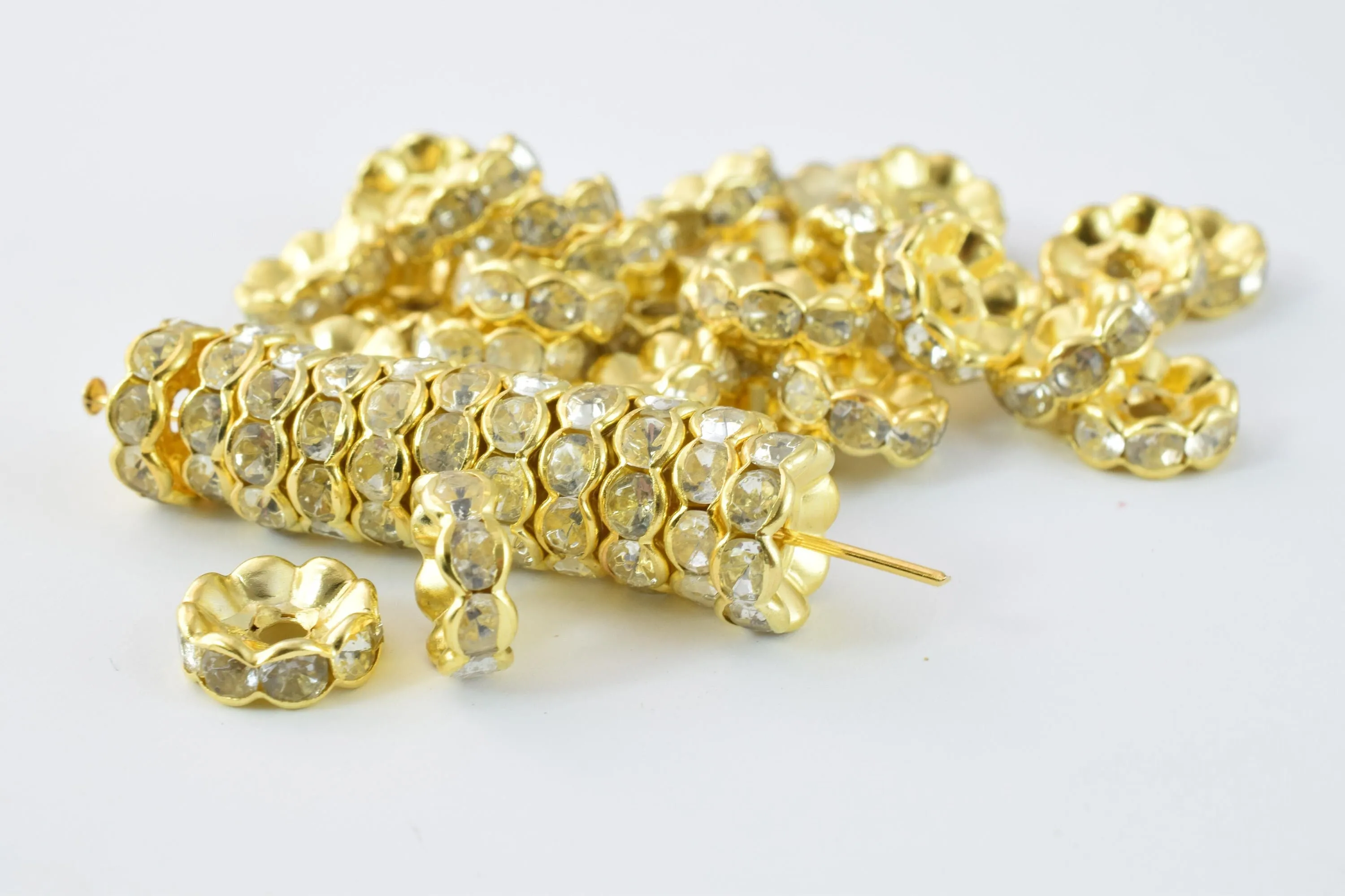 10.5mm Roundel Gold Plated Pave Beads with Clear Rhinestones,Rhinestone Spacers,Scalloped WAVY EDGE Basketball Wives