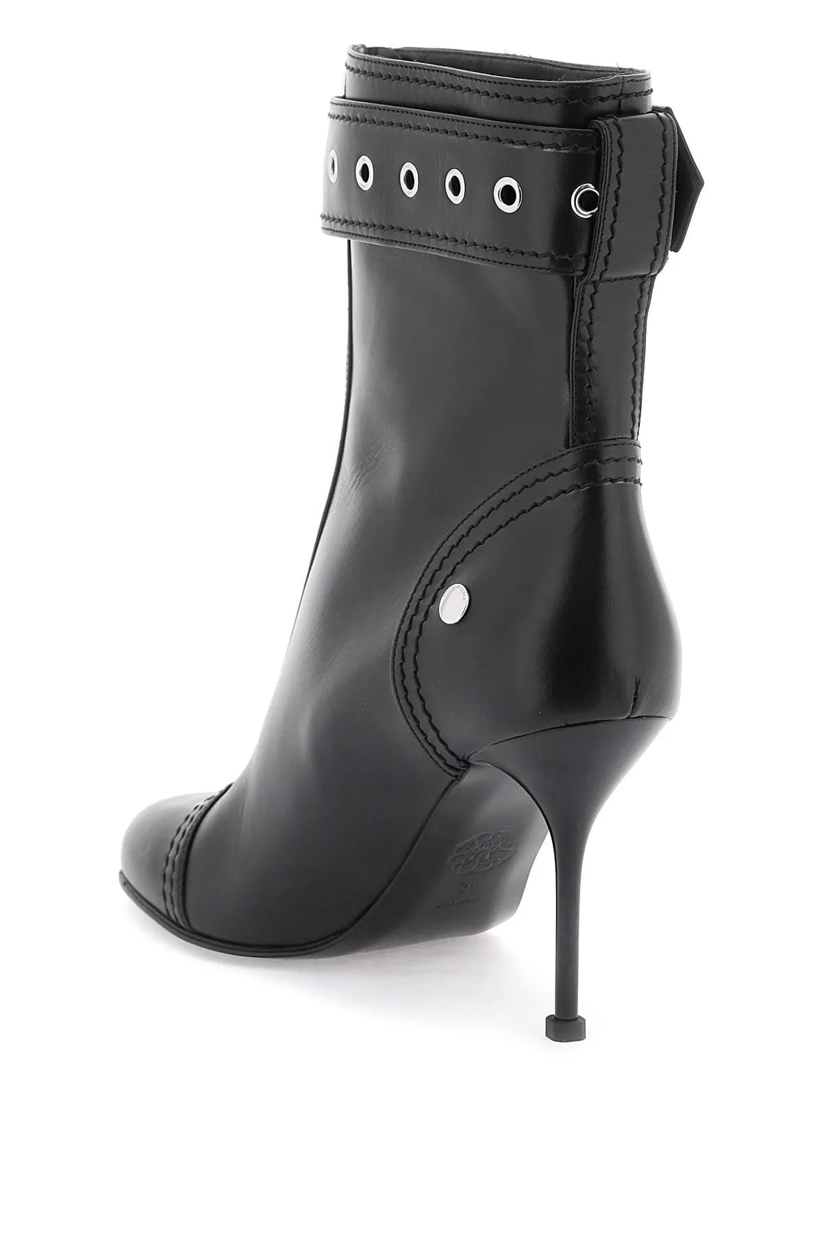 ALEXANDER MCQUEEN Black Leather Ankle Boots with Zippered Closure and Adjustable Buckle