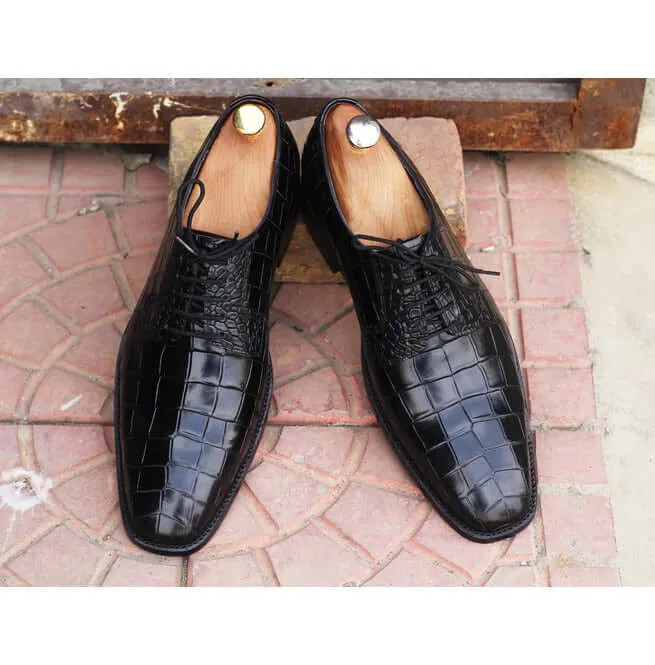 Awesome Handmade Men's Black Alligator Textured Leather Shoes, Men Dress Formal Lace Up Shoes