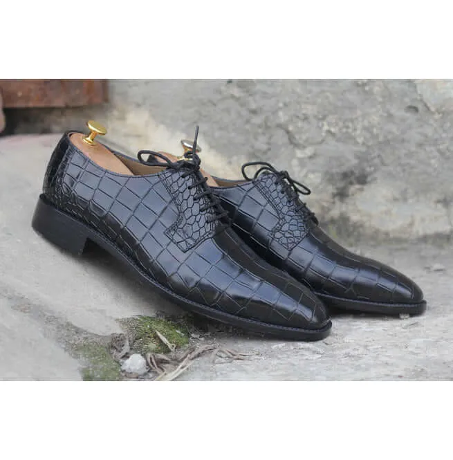 Awesome Handmade Men's Black Alligator Textured Leather Shoes, Men Dress Formal Lace Up Shoes