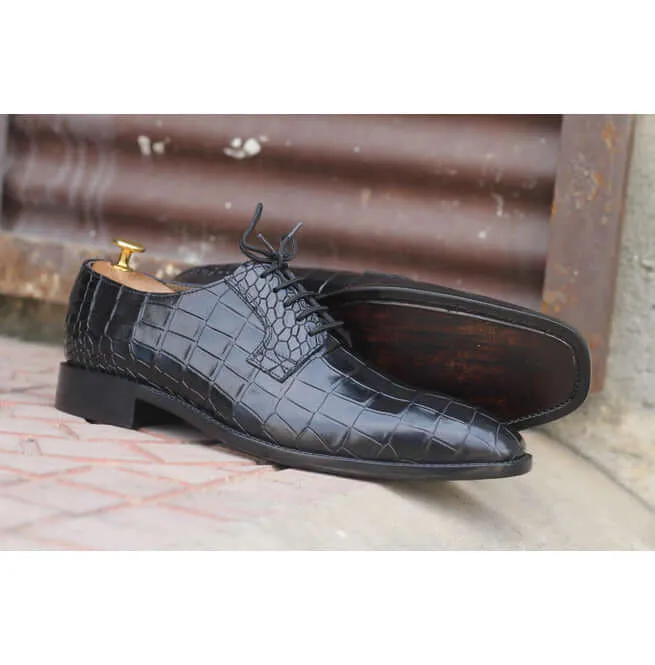 Awesome Handmade Men's Black Alligator Textured Leather Shoes, Men Dress Formal Lace Up Shoes