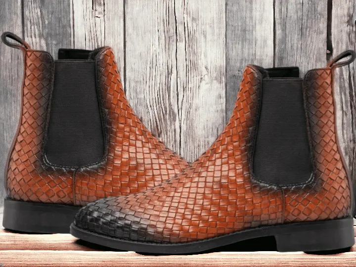 Awesome Handmade Men's Brown Woven Leather Chelsea Boots, Men Fashion Dress Ankle Boots