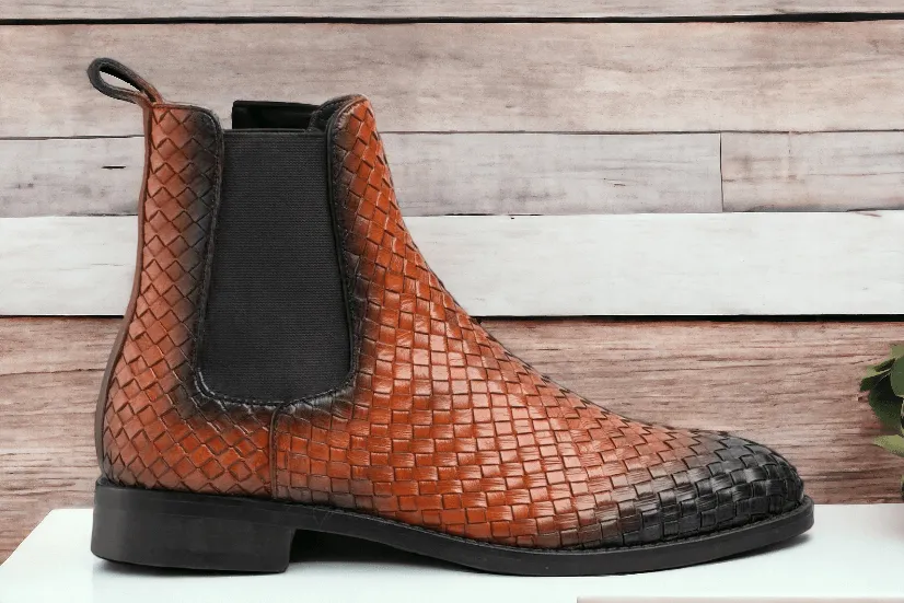 Awesome Handmade Men's Brown Woven Leather Chelsea Boots, Men Fashion Dress Ankle Boots