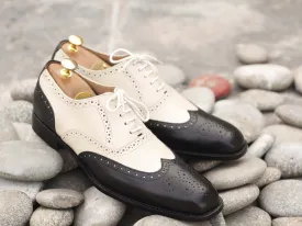 Beautiful Handmade Men's Black & White Wing Tip Brogue Leather Shoes, Men Designer Shoes