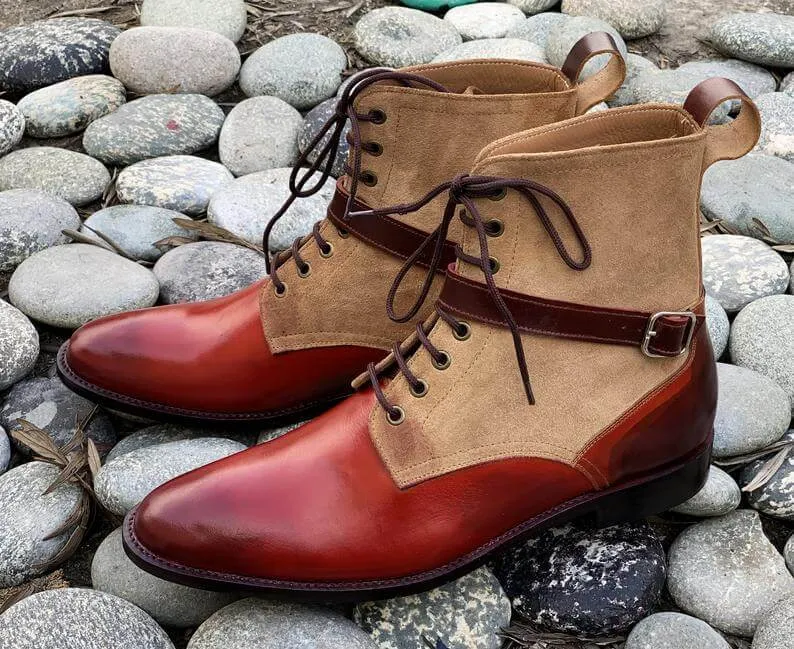 Beautiful Handmade Men's Burgundy Leather beige Suede Ankle High Boots, Men Fashion Boots