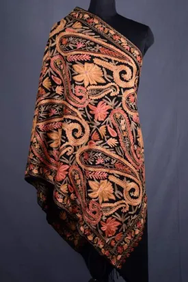 Black Color Kashmiri Work Embroidered Stole Enriched With Floral Paisley Pattern