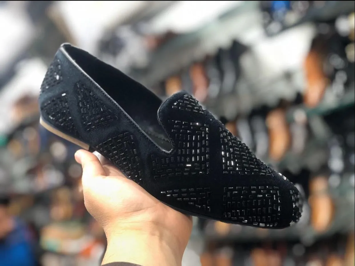 Black Diamond Rhinestones Designer Loafers,Wedding,Party Wear Slip On Shoes-JonasParamount