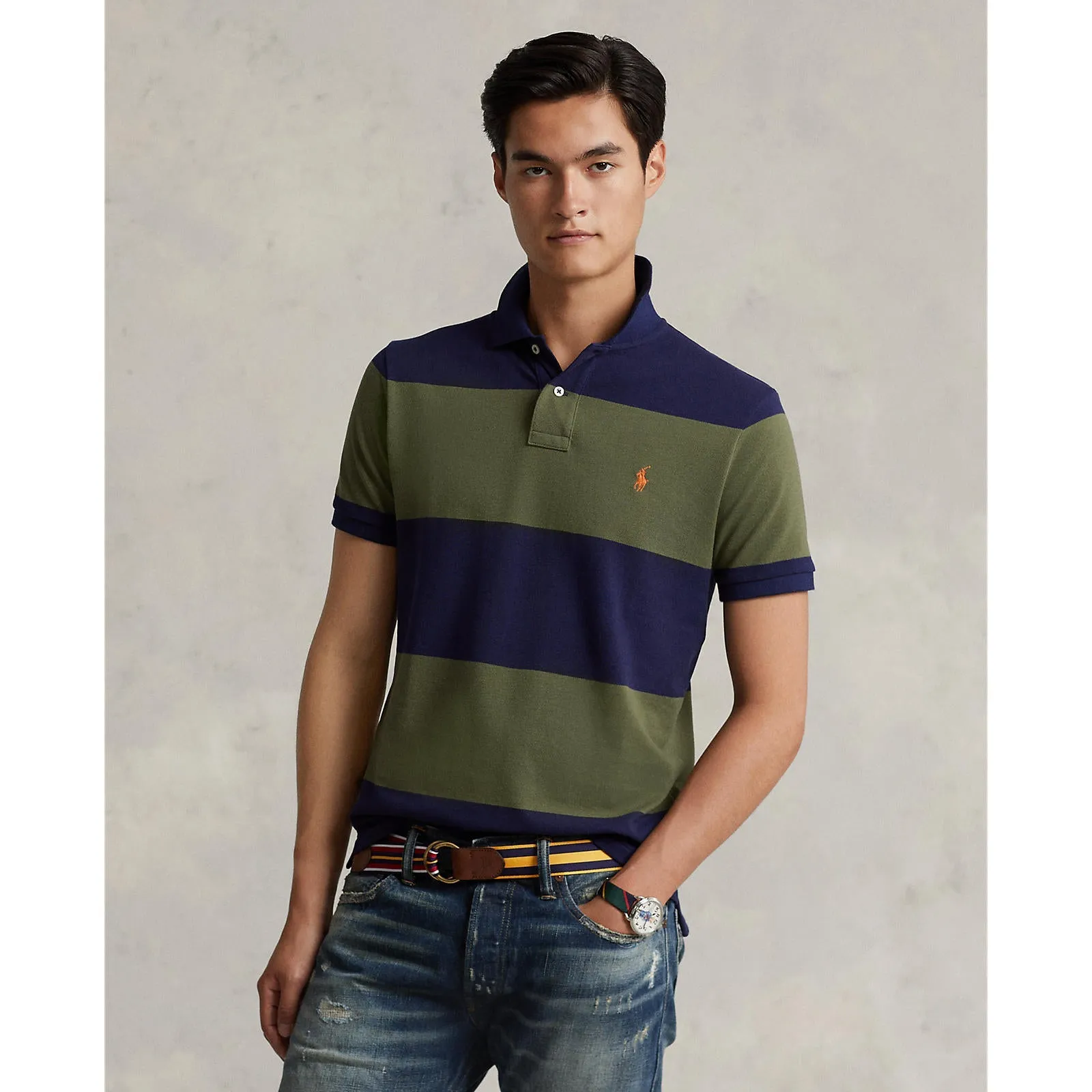 Custom Fit Mesh Polo - Stripe - Navy & Sage Green