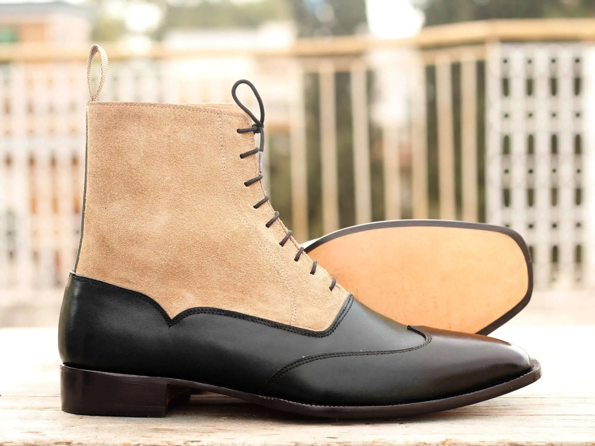 Elegant Handmade Men's Black Beige Dress Ankle High Boots, Men Leather Suede Designer Boots