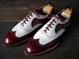 Elegant Men's Handmade Stylish Burgundy & White Leather Wing Tip Brogue Lace Up Shoes