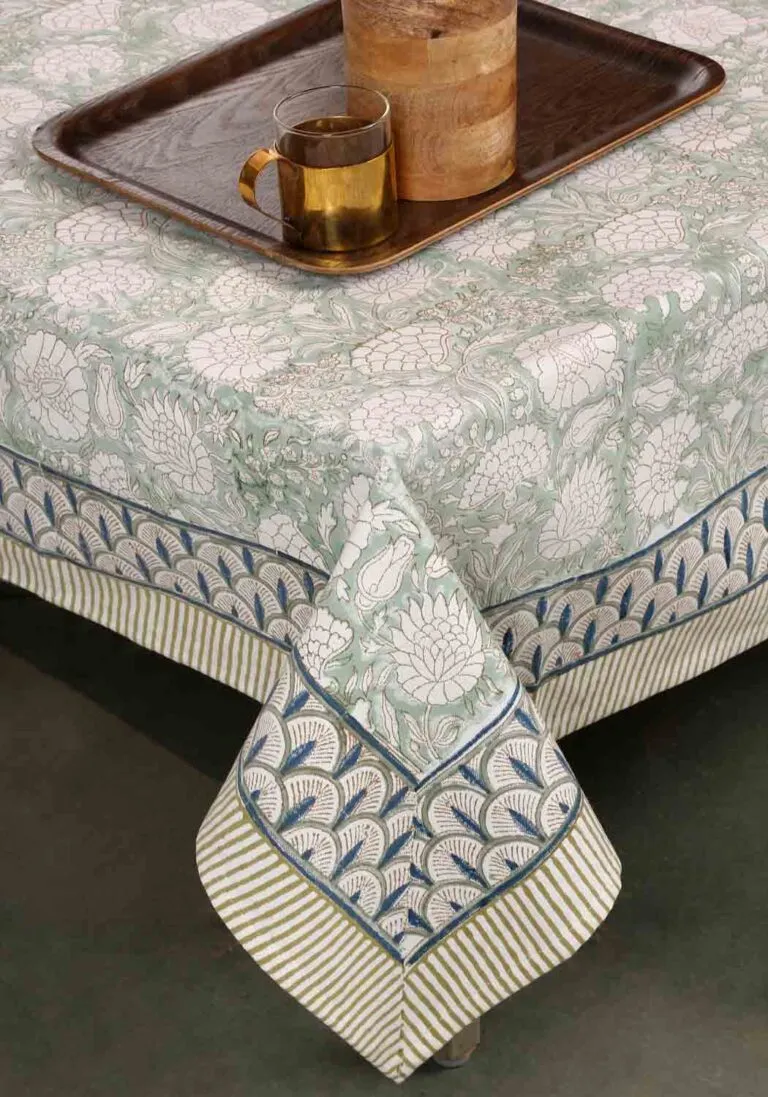 Green Placid Hand Block Print Cotton Table Cover