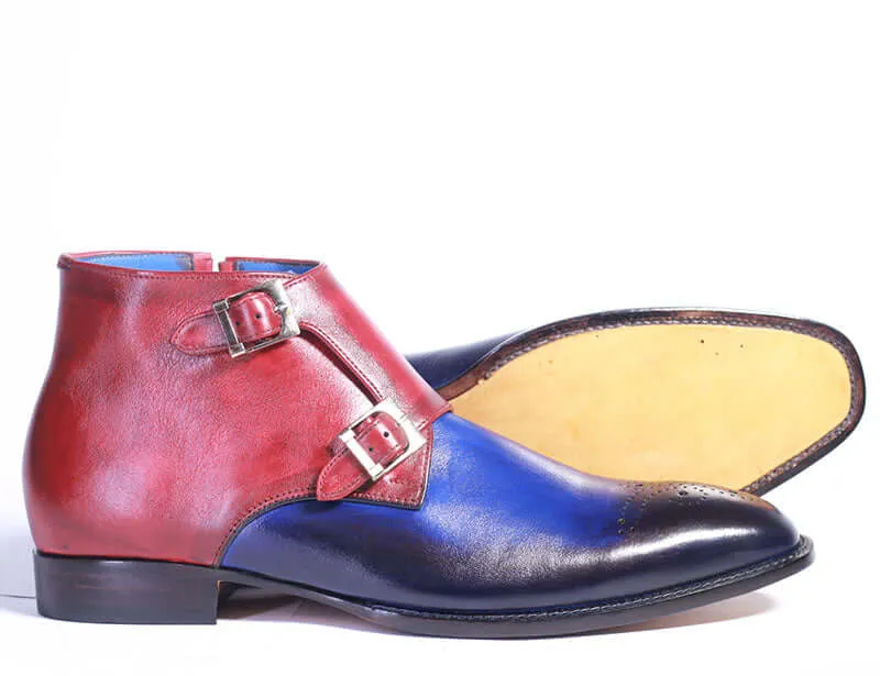 Handmade Leather Multi Color Brogue Toe boots, Men Double Monk Side & Zipper Boots