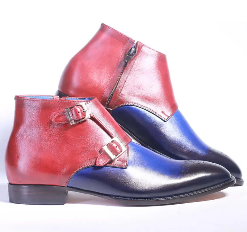 Handmade Leather Multi Color Brogue Toe boots, Men Double Monk Side & Zipper Boots