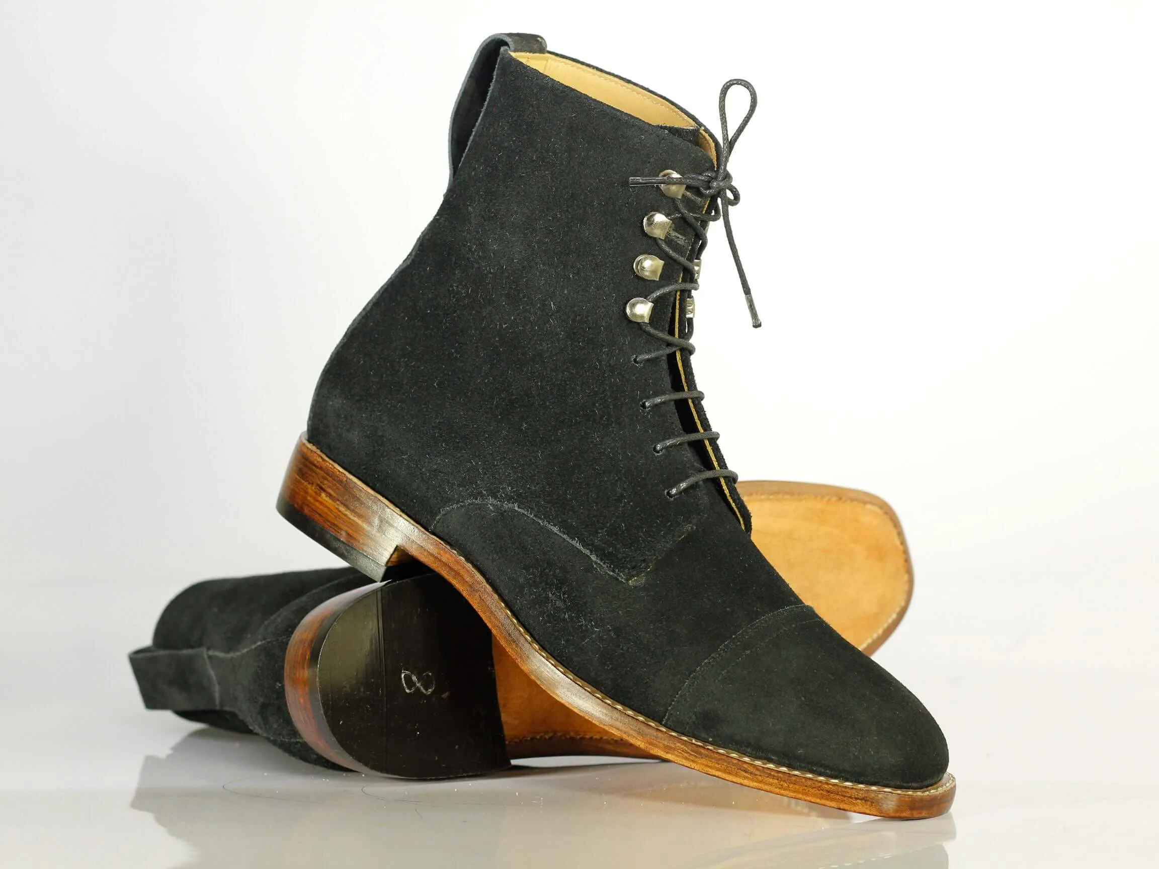 Handmade Men Black Cap Toe Suede Ankle Boots, Men Lace Up Designer Fashion Boots