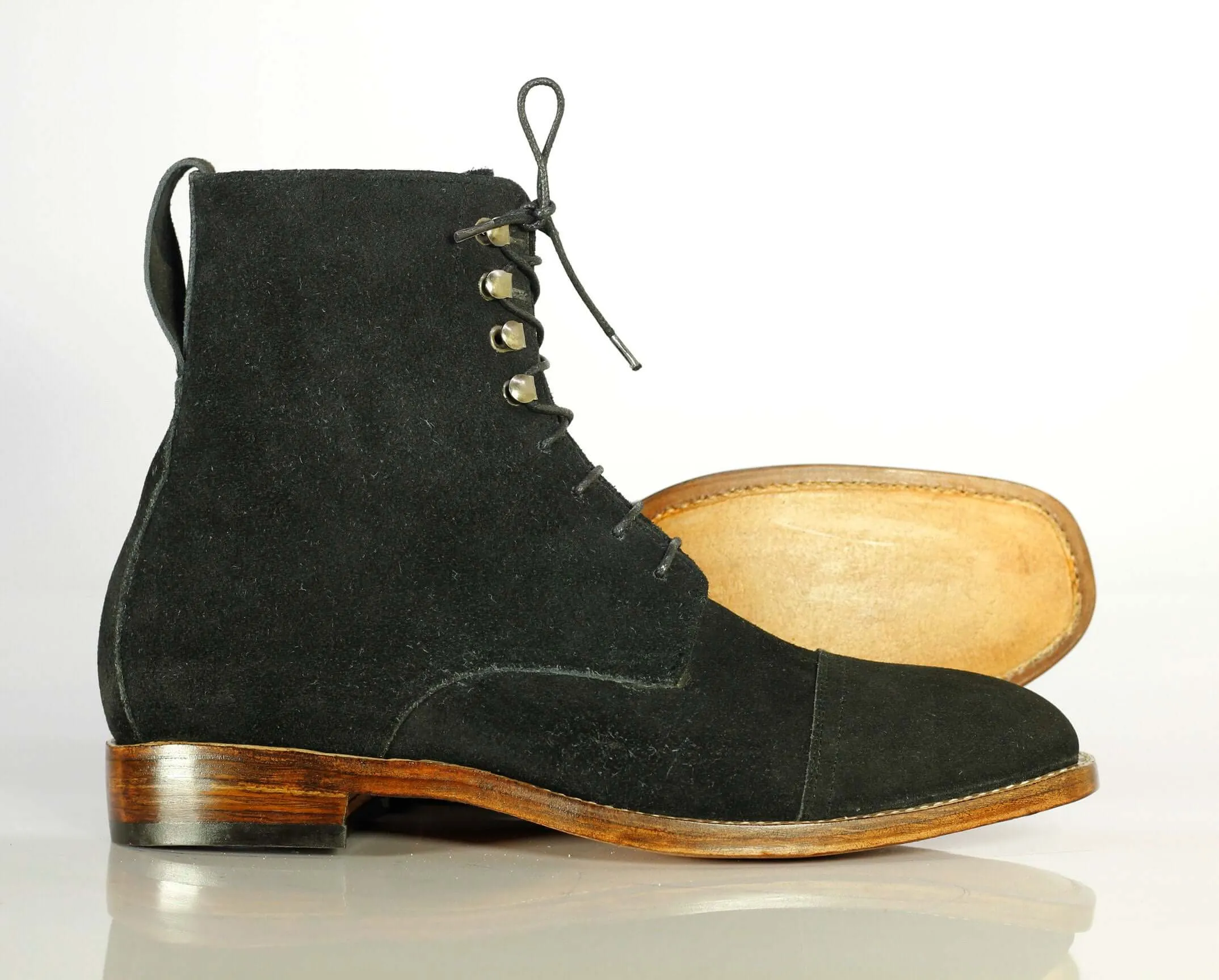 Handmade Men Black Cap Toe Suede Ankle Boots, Men Lace Up Designer Fashion Boots