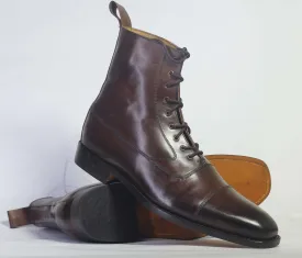 Handmade Men Dark Brown Cap Toe Ankle Boots, Men Leather Designer Fashion Boots