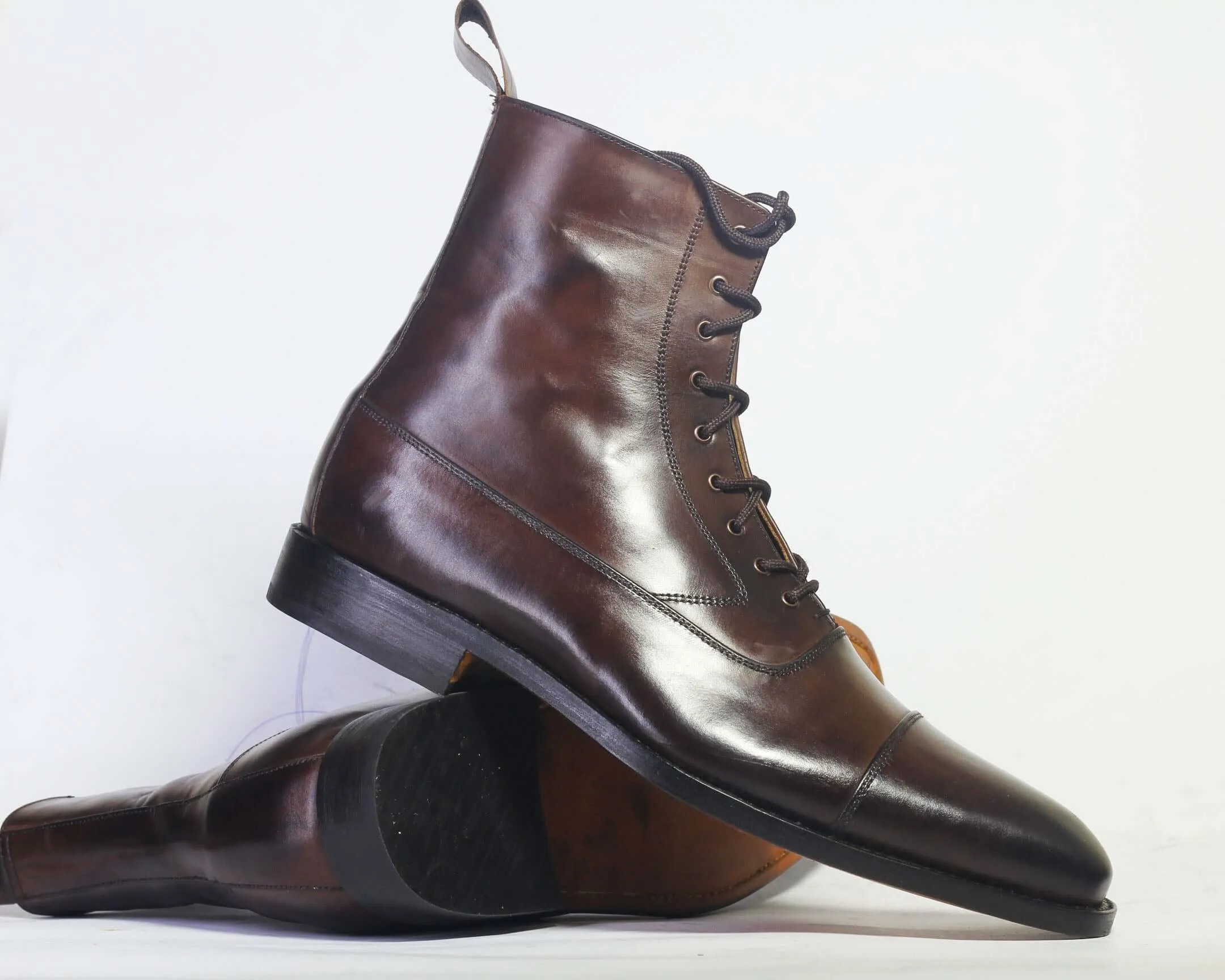 Handmade Men Dark Brown Cap Toe Ankle Boots, Men Leather Designer Fashion Boots