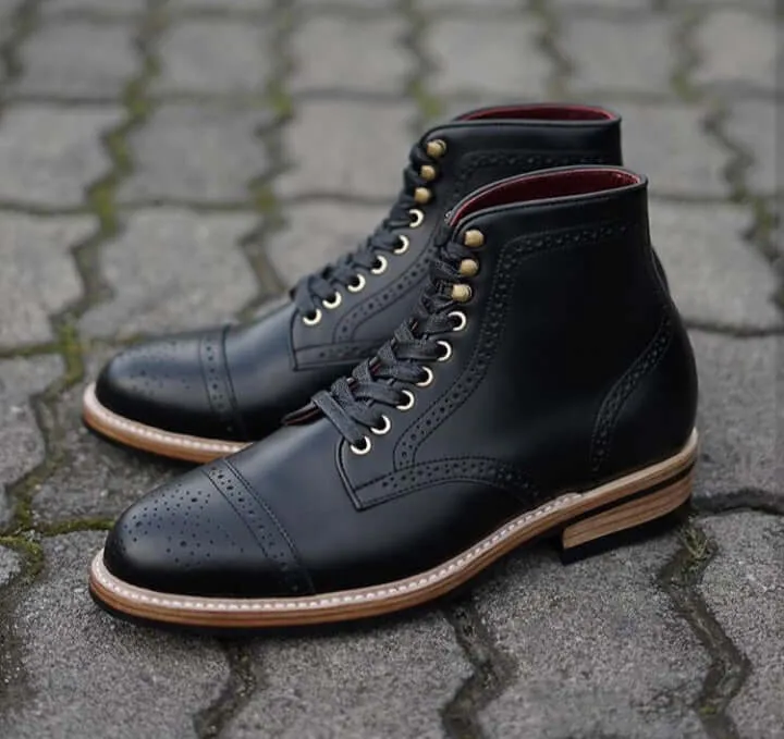 Handmade Men’s Ankle High Leather Boots, Men’s Black Cap Toe Brogue Lace Up Boots