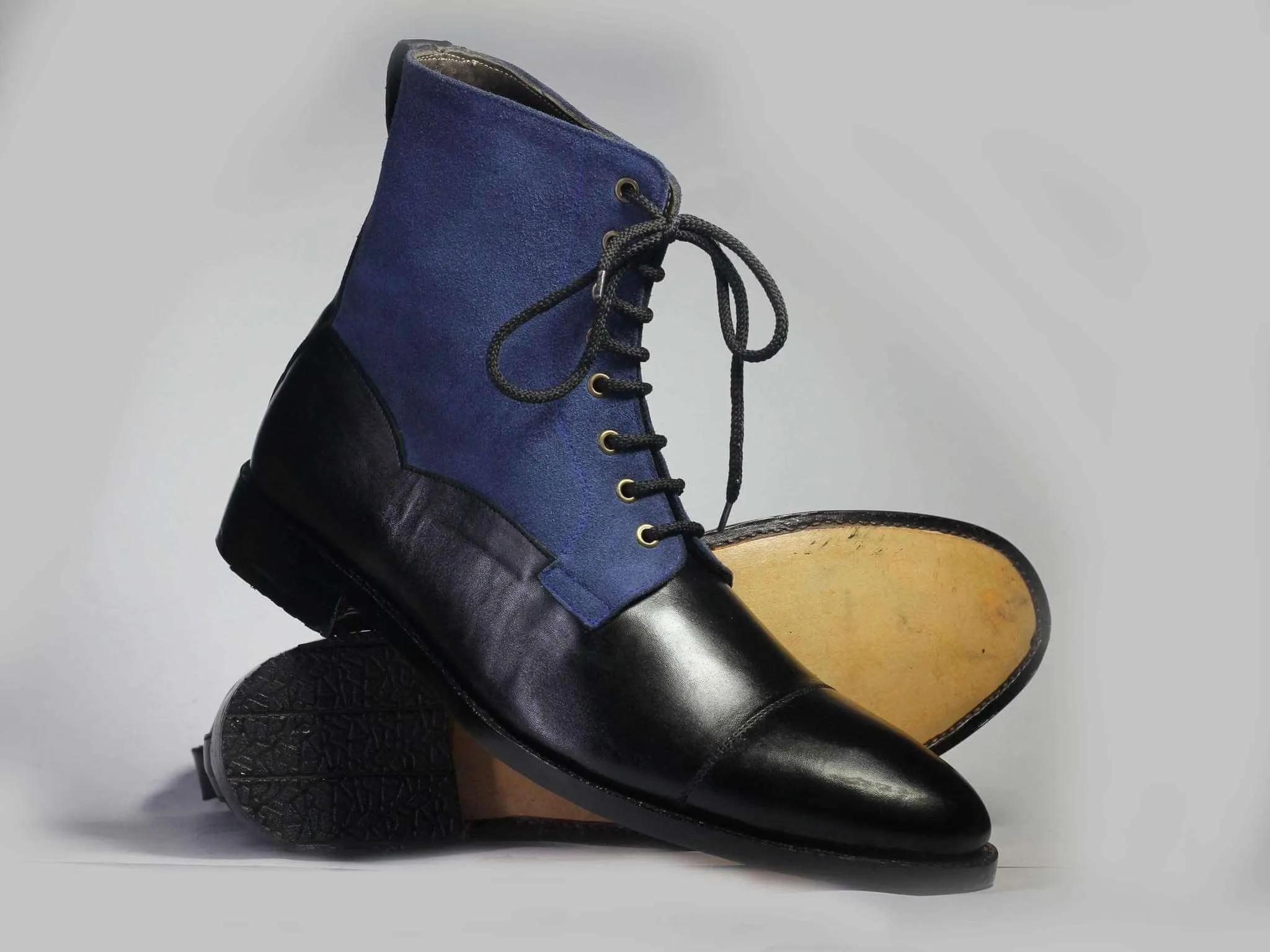 Handmade Men's Black Blue Leather Suede Cap Toe Lace Up Boots, Men Ankle Boots, Men Fashion Boots