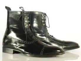 Handmade Men's Black Cap Toe Leather Lace Up Boots, Men Ankle Boots, Men Designer Boots