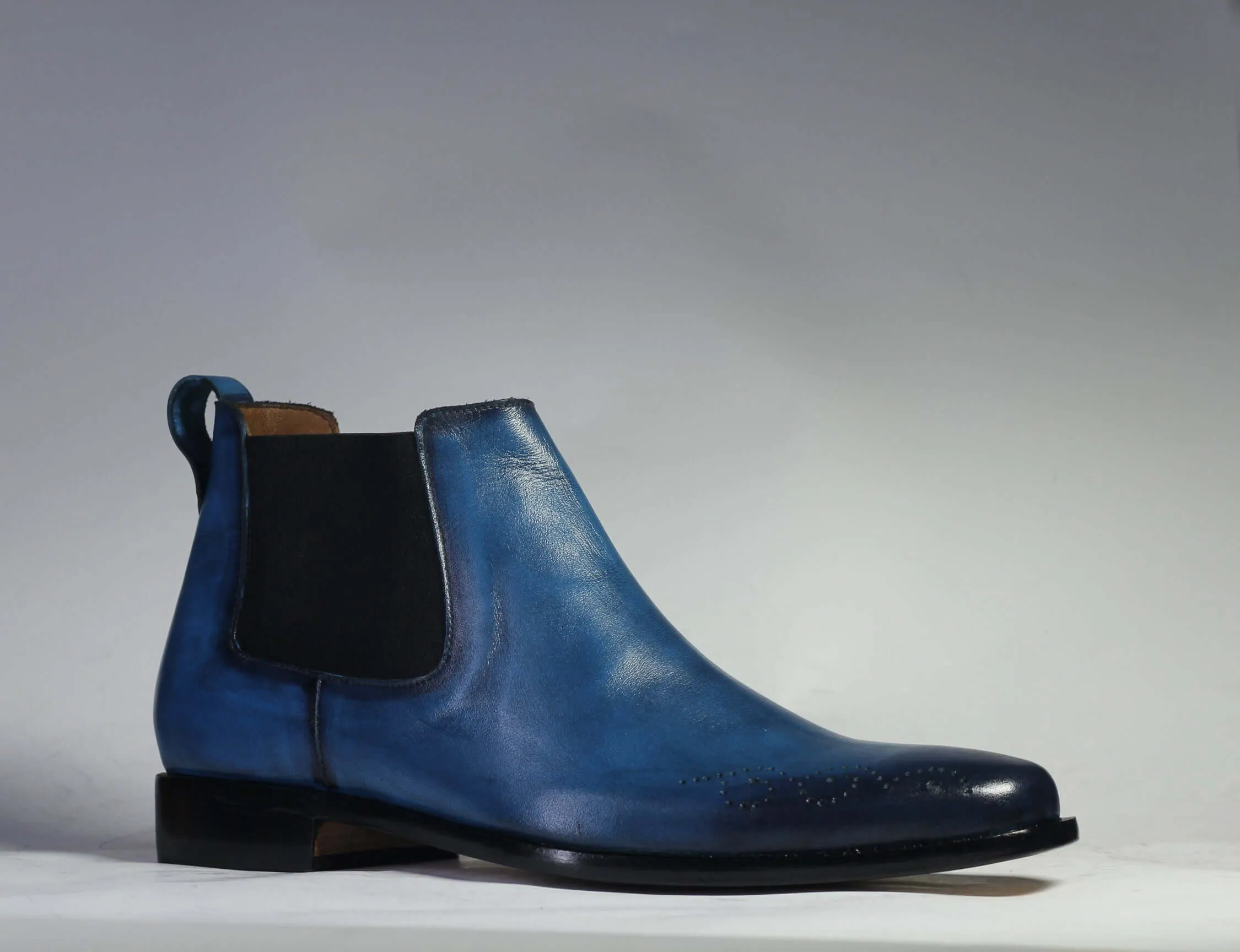 Handmade Men’s Blue Brogue Toe Chelsea Leather Boots, Men Slip On Dress Boots