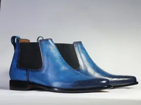 Handmade Men’s Blue Brogue Toe Chelsea Leather Boots, Men Slip On Dress Boots