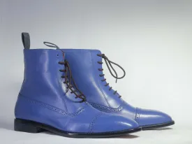 Handmade Men's Blue Color Ankle High Boots, Men Dress Leather Cap Toe Boots