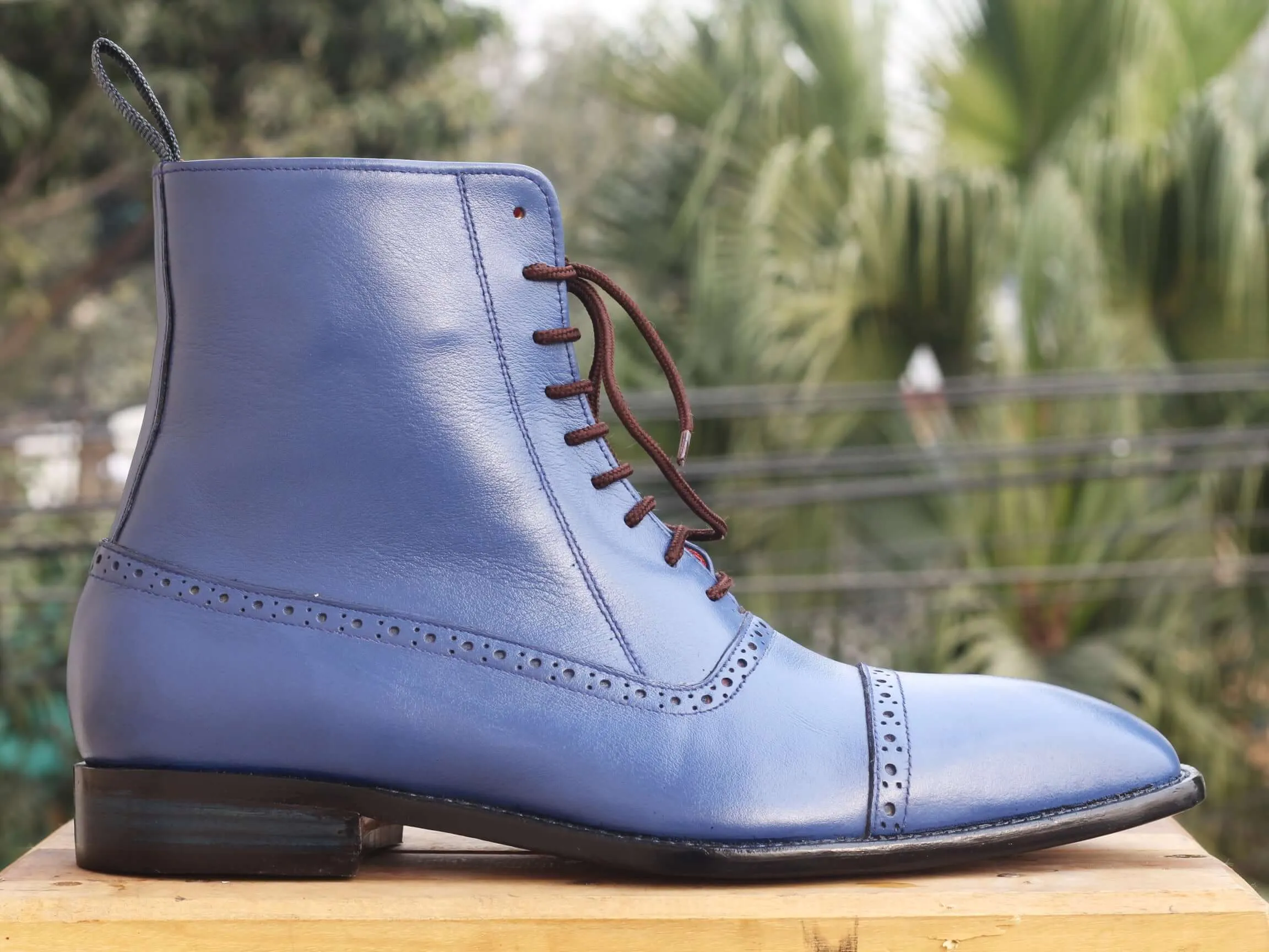 Handmade Men's Blue Color Ankle High Boots, Men Dress Leather Cap Toe Boots