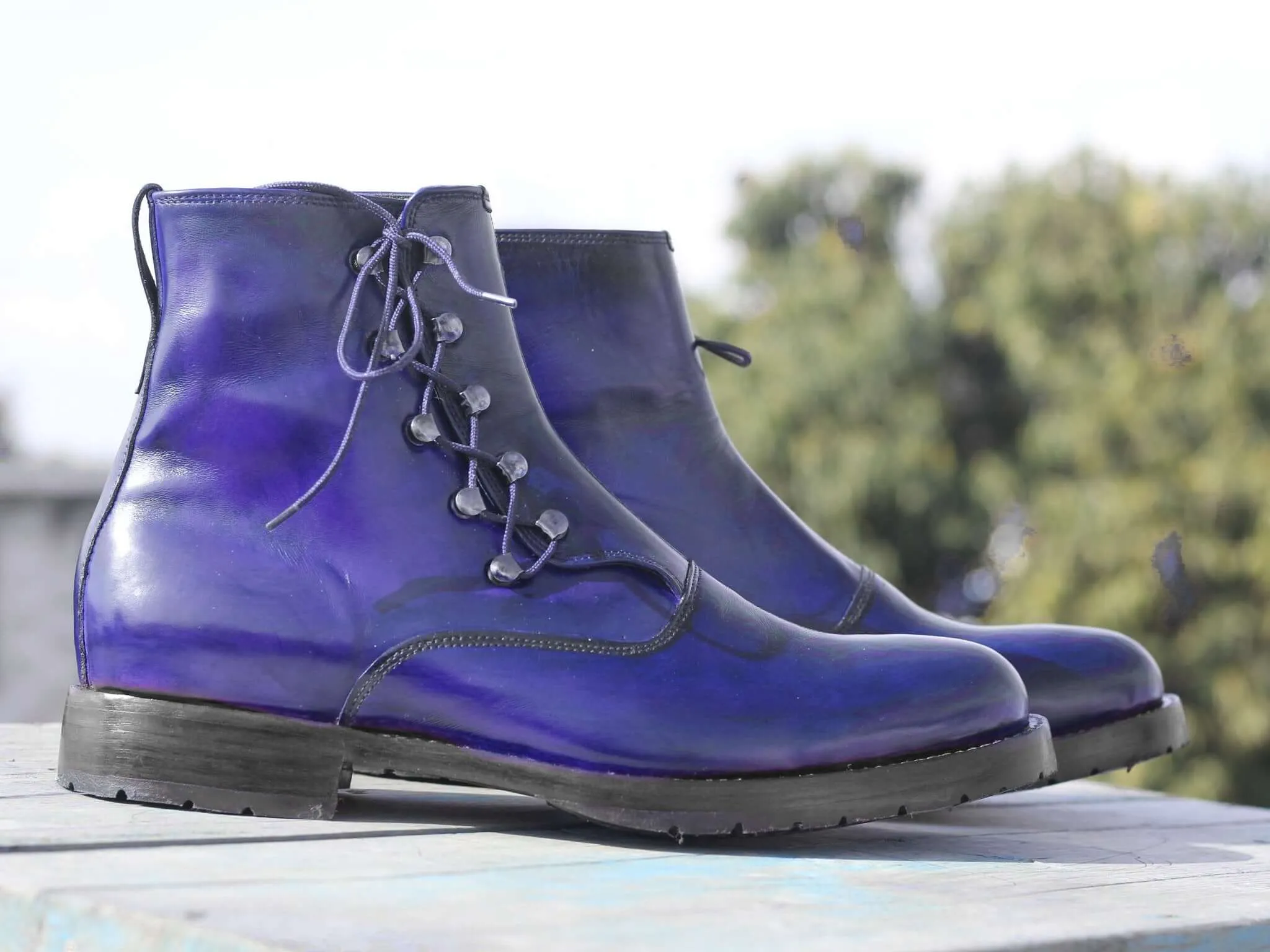 Handmade Men's Blue Leather Side Lace Up Boots, Men Ankle Boots, Men Fashion Boots