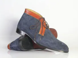 Handmade Men's Blue Suede Leather Chukka Boots, Men Half Ankle Lace Up Boots