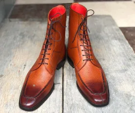 Handmade Men's Brown Lace Up Leather Boots, Men Ankle High Designer Dress Boots