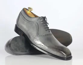 Handmade Men's Gray Leather Wing Tip Brogue Shoe, Men Lace Up Dress Formal Shoes