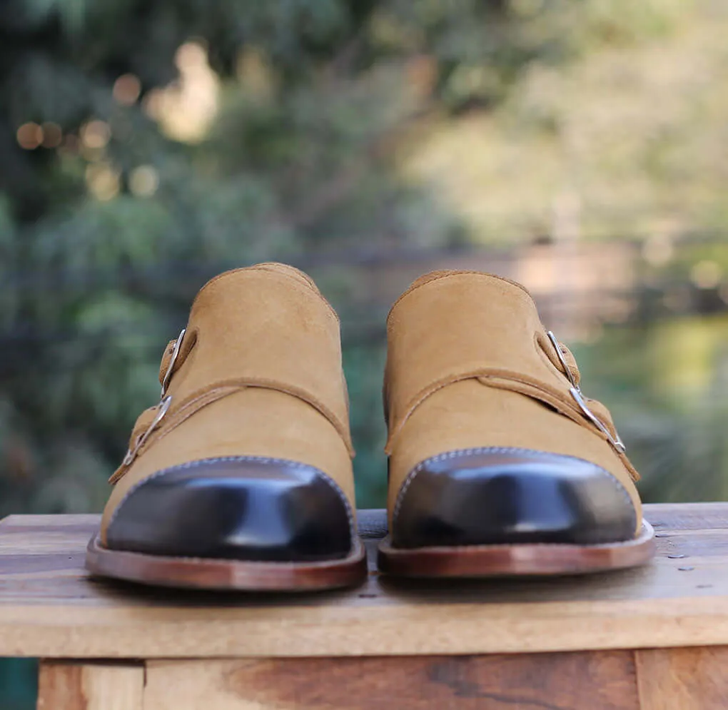 Handmade Men's Leather Suede Cap Toe Shoes, Men Black Tan Double Monk Strap Shoes