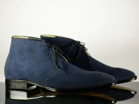 Handmade Men's Navy Blue Suede Chukka Lace Up Boots, Men Ankle Boots, Men Designer Boots