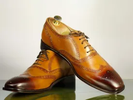 Handmade Men's Tan Wing Tip Brogue Leather Lace Up Shoes, Men Designer Dress Formal Shoes