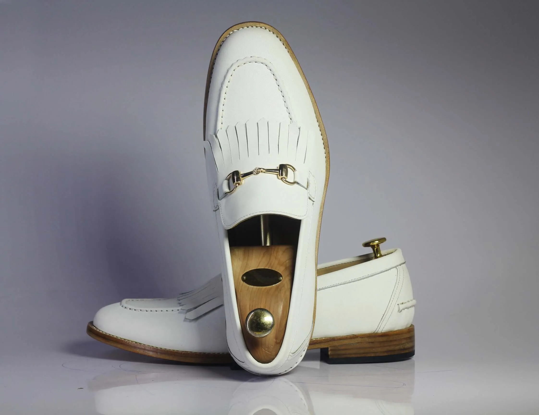 Handmade Men's White Fringe Loafer Leather Shoes, Men Dress Formal Slip On Shoes