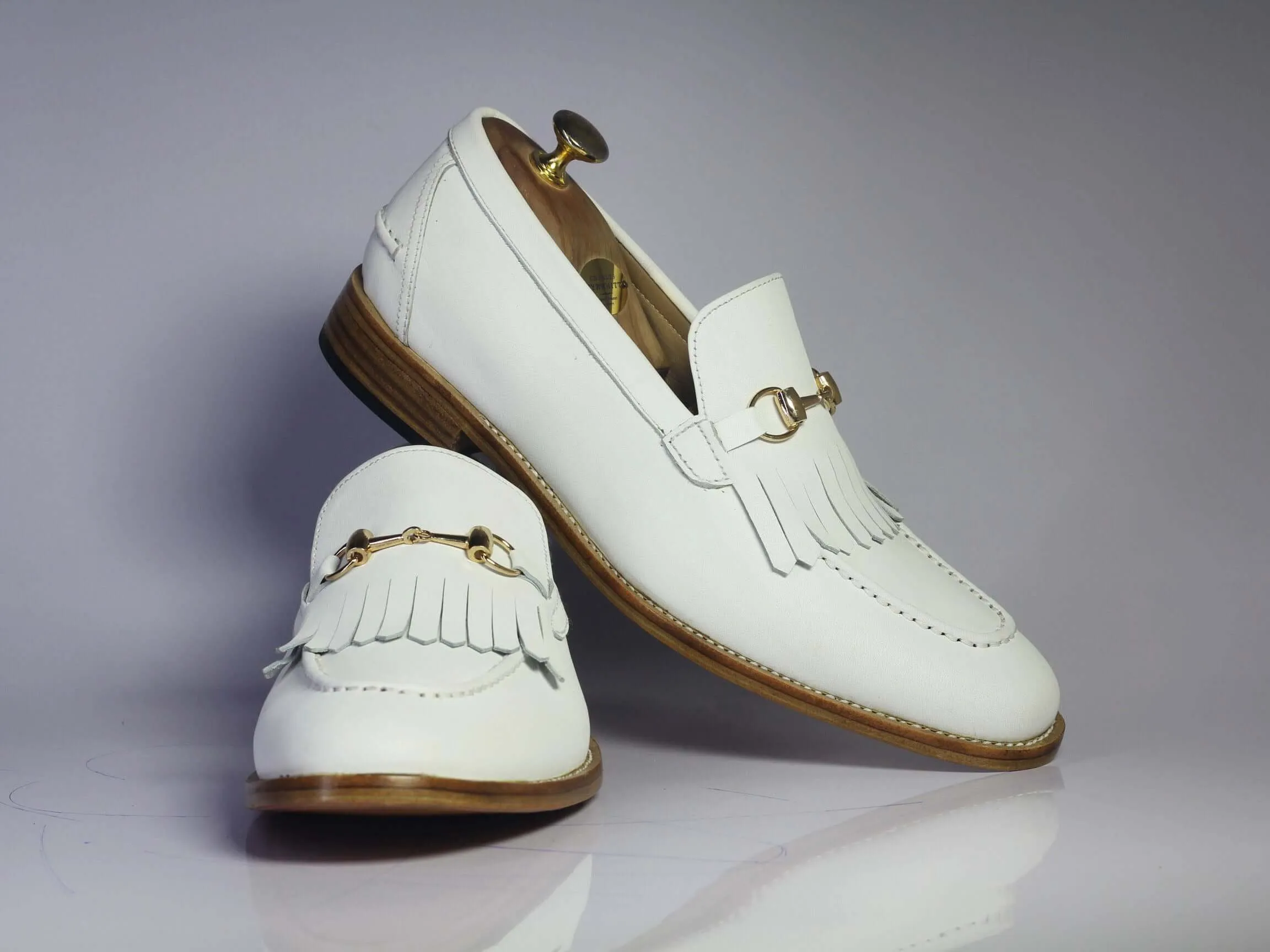 Handmade Men's White Fringe Loafer Leather Shoes, Men Dress Formal Slip On Shoes