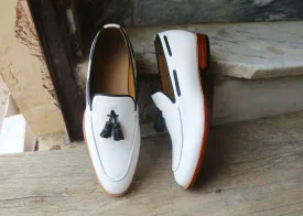 Handmade white Moccasin Shoes, Men's Slip On Tussle Formal Dress Leather Shoes