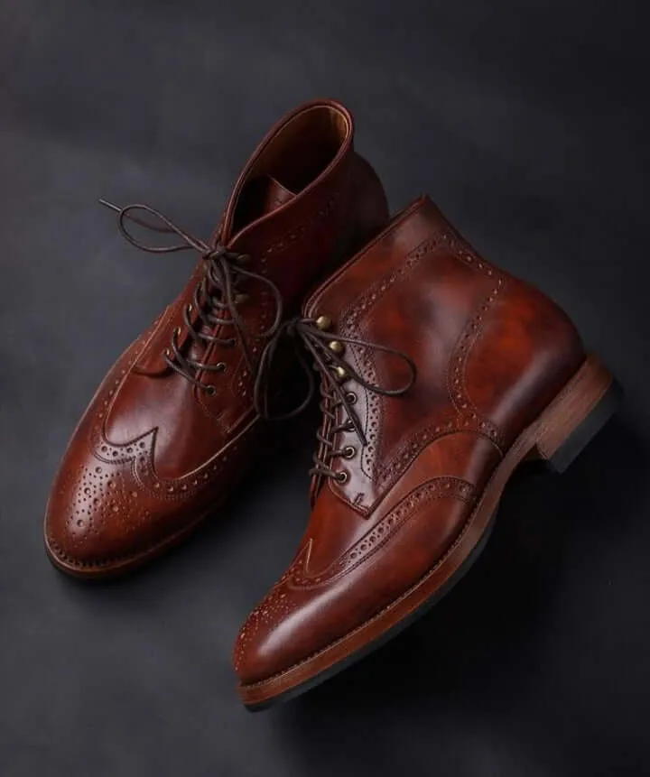 Latest Men's Handmade Brown Color Boots, Men's Lace Up Wing Tip Brogue Leather Boots