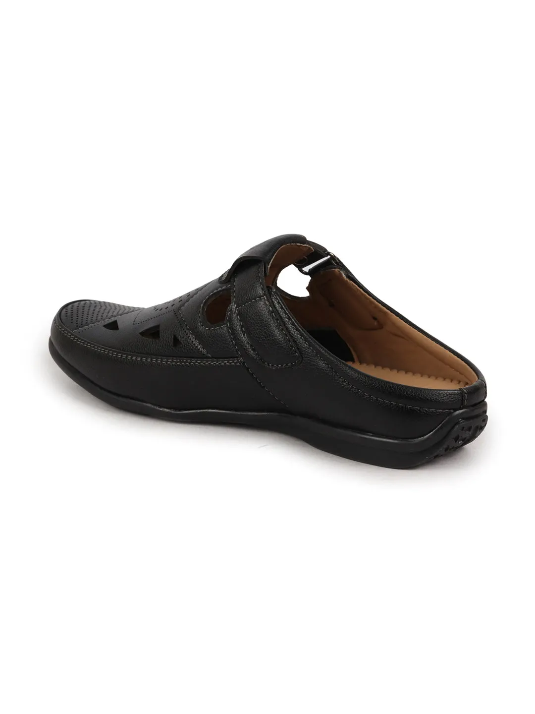 Men Black Back Open Perforated Breathable Formal Sandal|Adujstable Strap Stitched Slip On Sandal