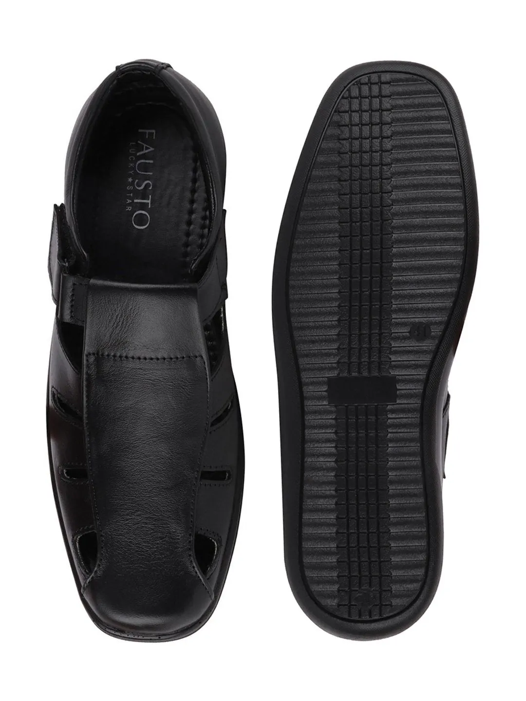 Men Black Formal Leather Hook & Loop Flat Sandals