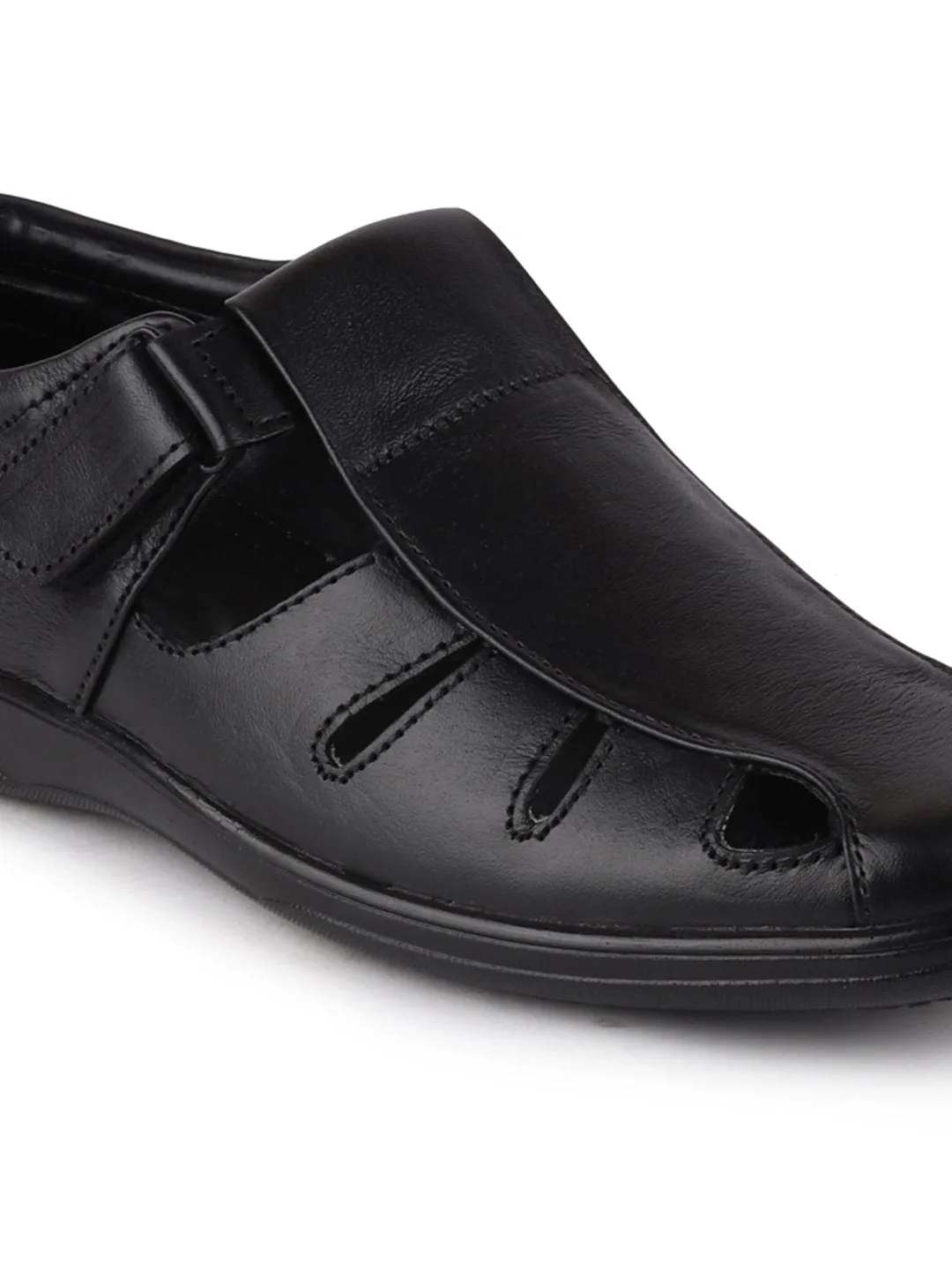 Men Black Formal Leather Hook & Loop Flat Sandals